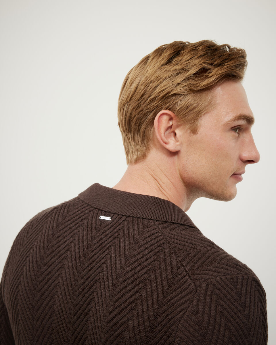 Herringbone Long Sleeve Trophy Neck Knit, Brown, hi-res